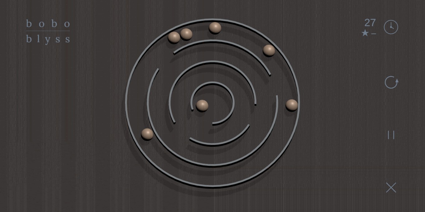 A boboblyss game screen consisting of a 3-ringed circular maze and seven balls